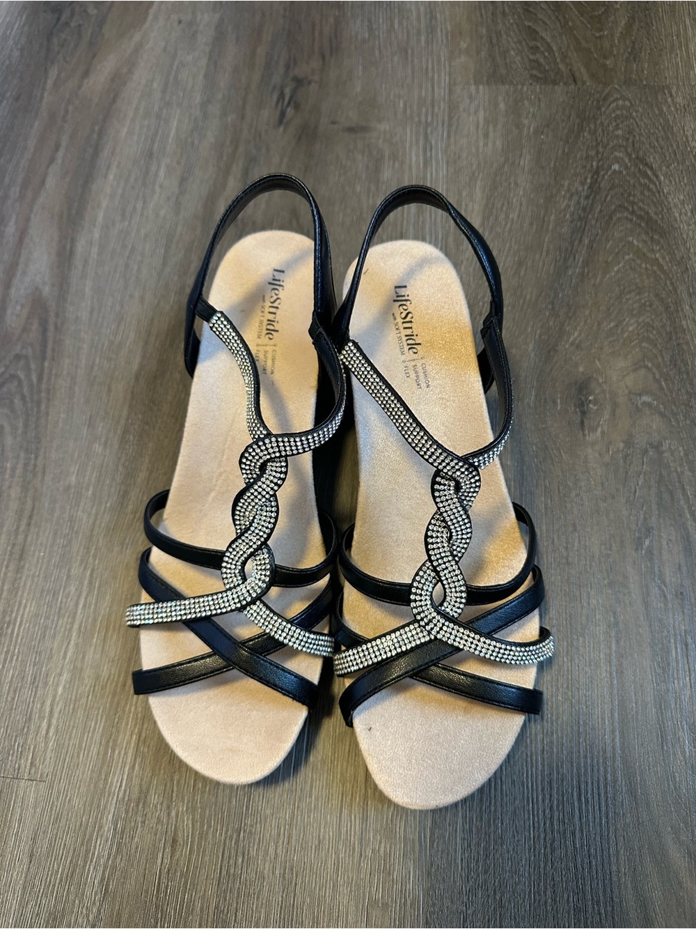 Life Stride Black Slingback Sandals with Rhinestone Braided Straps size 10